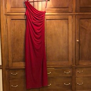 Red floor length one shoulder dress